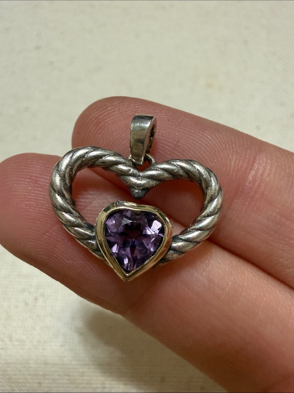 Lovely 14K Gold 925 Sterling Silver Heart Rope Pendant with Purple Heart Gem